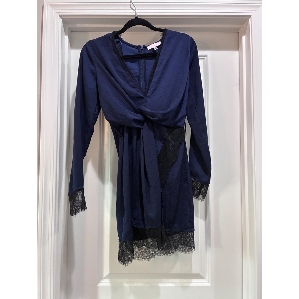 Carli Bybel x Missguided Navy Blue Lace Trim Twist Front Mini Dress US 2
